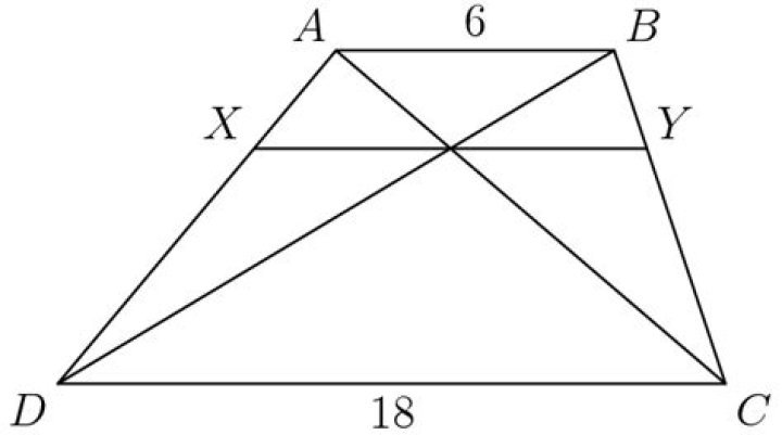 Finding length of line that intersects trapezoid diagonals.