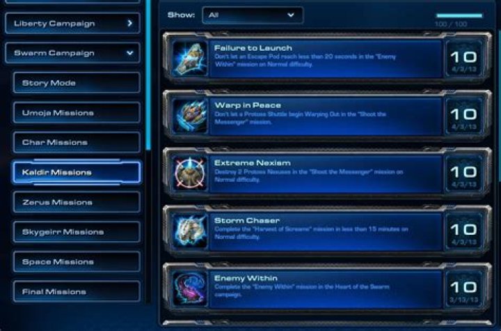 Heart of the swarm campaign view shows 87% but all rewards are "earned"
