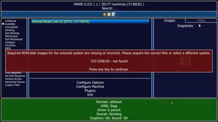 MAME shows 'the selected game is missing one or more required rom or chd image' error message